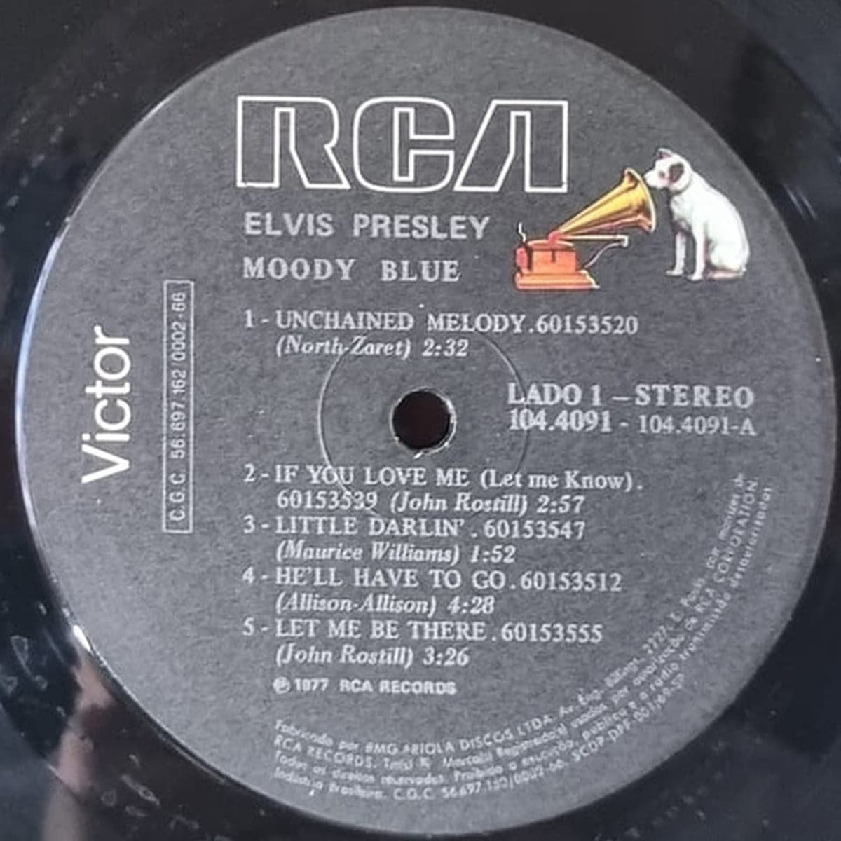 Etiqueta central de Elvis Presley — MOODY BLUE