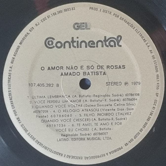 Etiqueta central de Amado Batista — O Amor Não É Só de Rosas