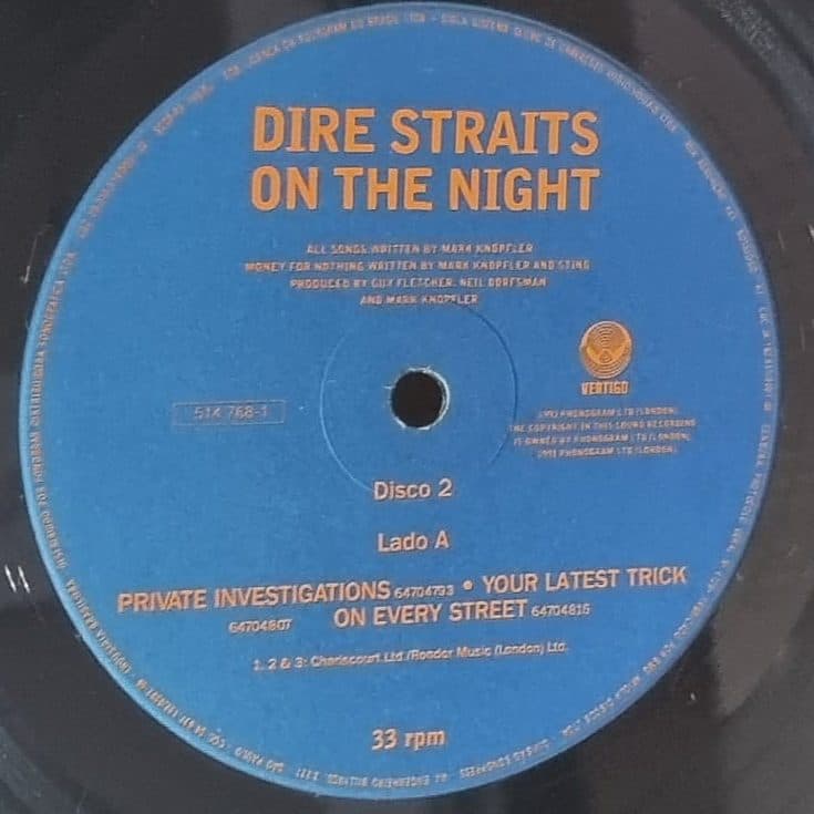 Etiqueta central Disco 1 de DIRE STRAITS — ON THE NIGHT