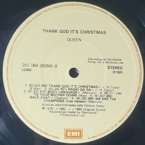 Etiqueta central de QUEEN — THANK GOD IT'S CHRISTMAS